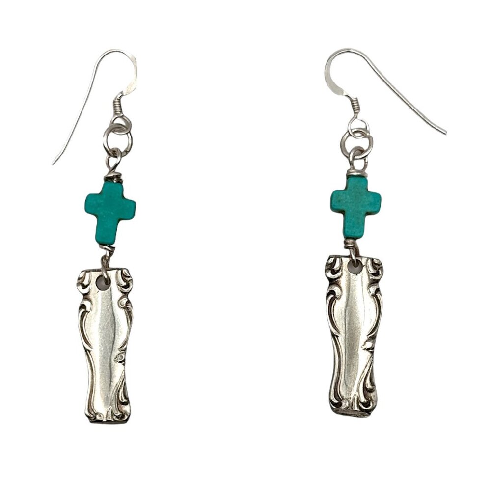 Vintage Spoon Handle Earrings With Turquoise Cross Accents & 925 Silver Hooks - Picture 9 of 12